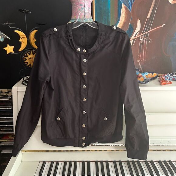 Y2K Elegant Black Bomber Jacket with Silver Buttons by Coupé M - Picture 14 of 16